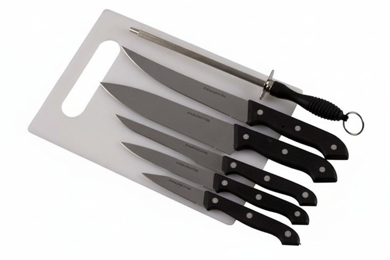 Set 7 Coltelli Acciaio Inox Tagliere Affilacoltelli Cucina