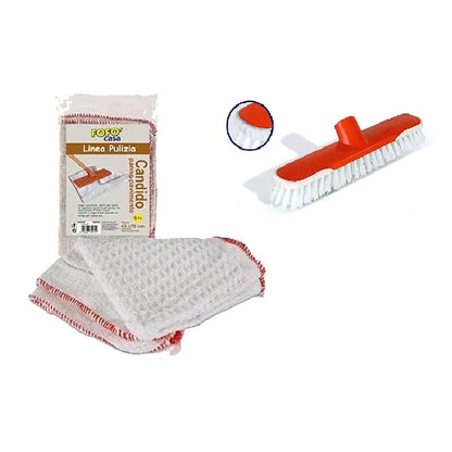 Kit 10 Strofinacci Pavimenti Giganti 42x73cm Cotone + Spazzolone Setole Extra Forti - FOFO Professional