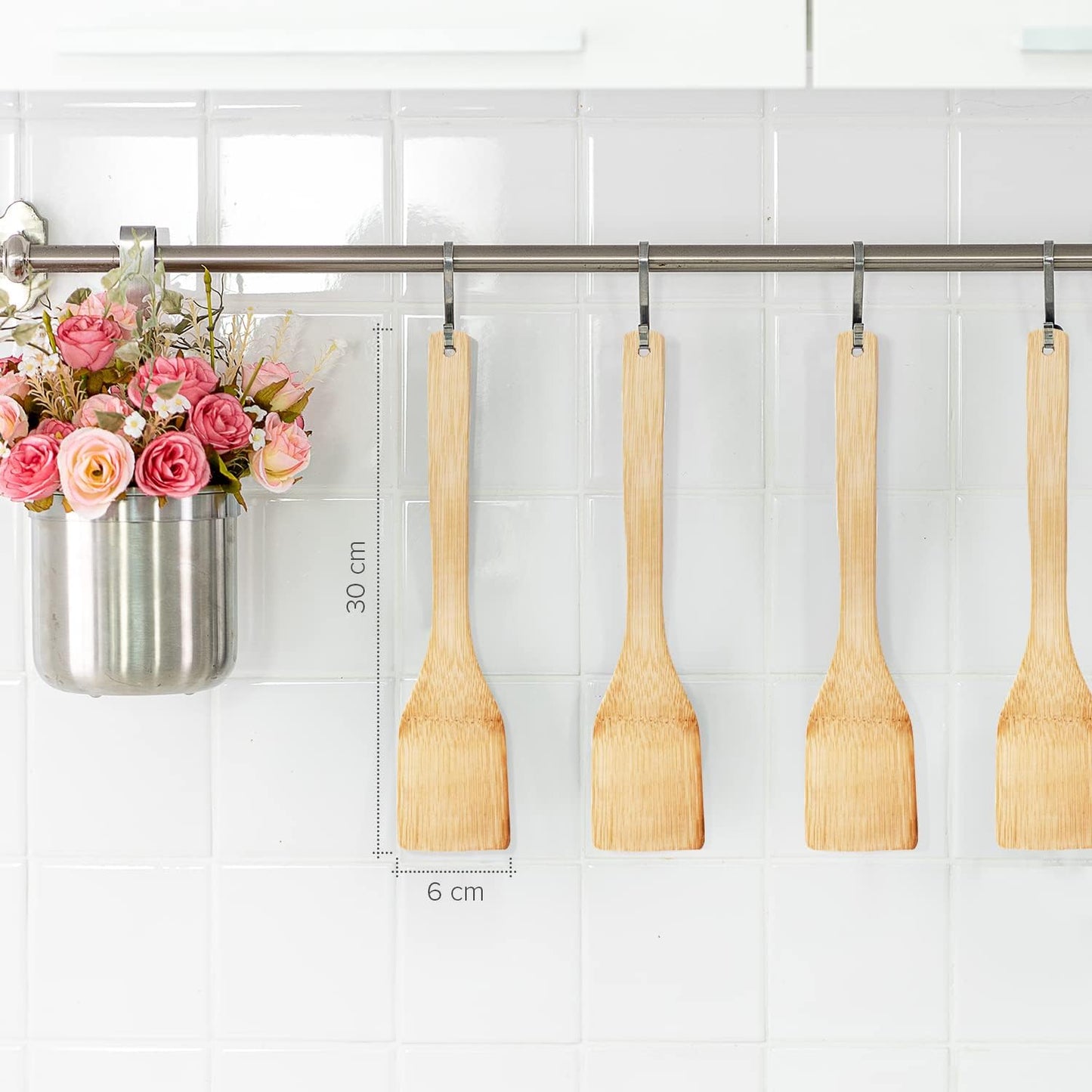 Set di 4 Spatole da Cucina in Bambù Naturale 30cm - Ecologica, Resistente al Calore, Antigraffio