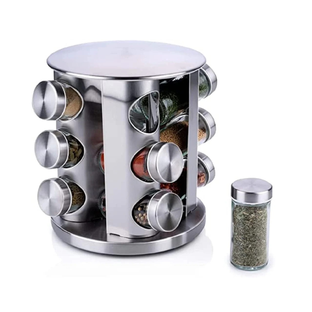 Alpina. Porte-épices rotatif avec 12 verres, Ø 19 x 23 cm, rotation à 360°, acier inoxydable