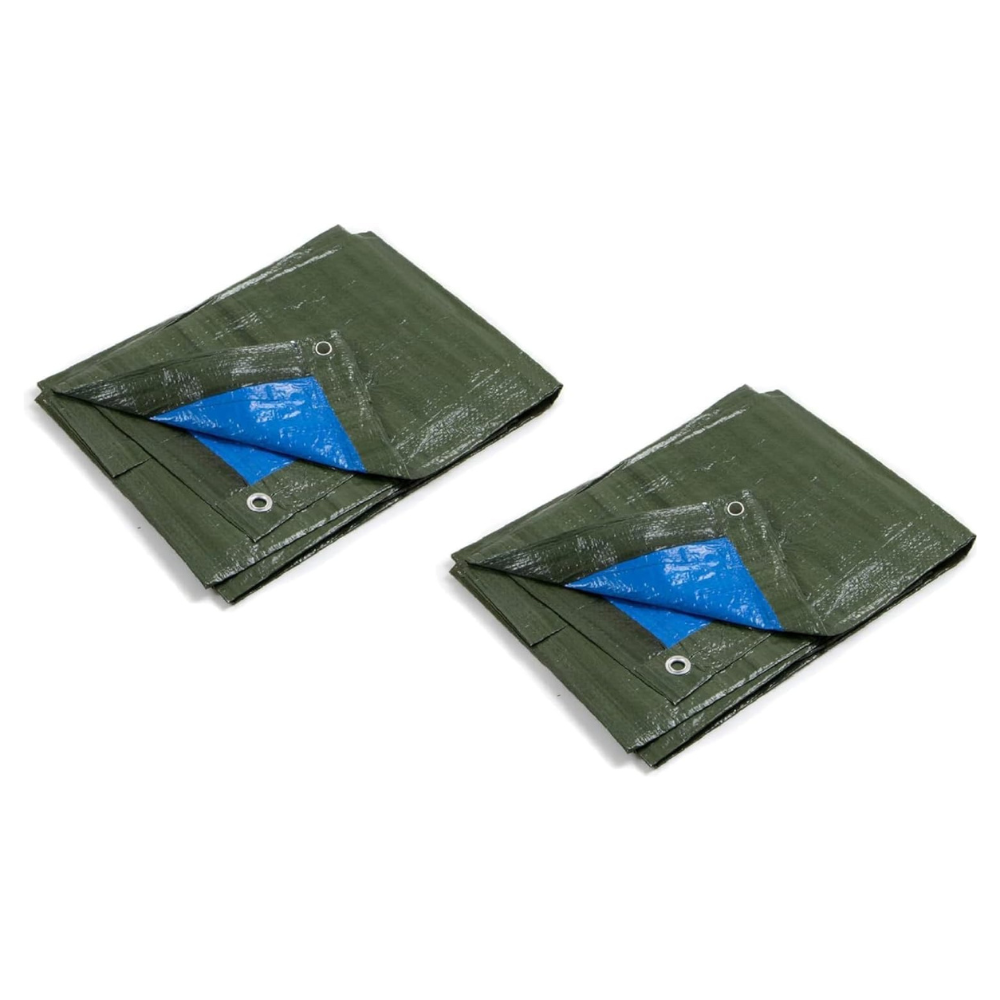 Lot de 2 bâches à œillets bicolores, en polyéthylène imperméable et polyvalent, d'un poids de 90 g/m². Dimensions : 6 m² (2 x 3 pi). Coloris : vert/bleu.
