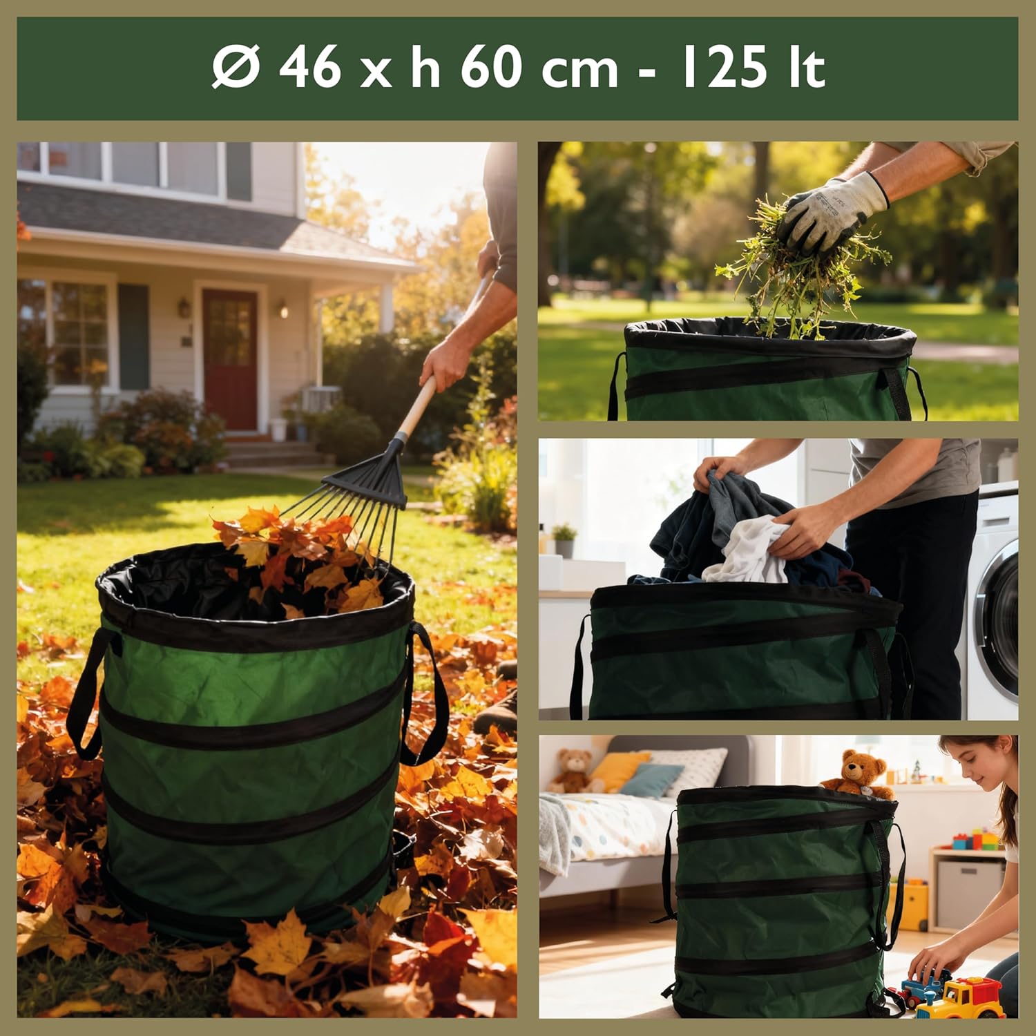 Sacchi da Giardino Pieghevoli Perfetto – 125 L | Ø 46 × H 60 cm | Tessuto Industriale UV | Verde