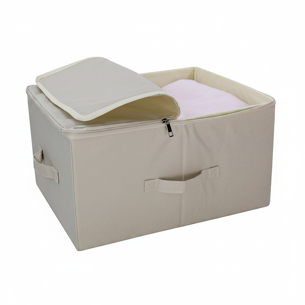 Scatola Contenitore Pieghevole con Coperchio a  Cerniera in Tessuto 50x40x25 Ecru'