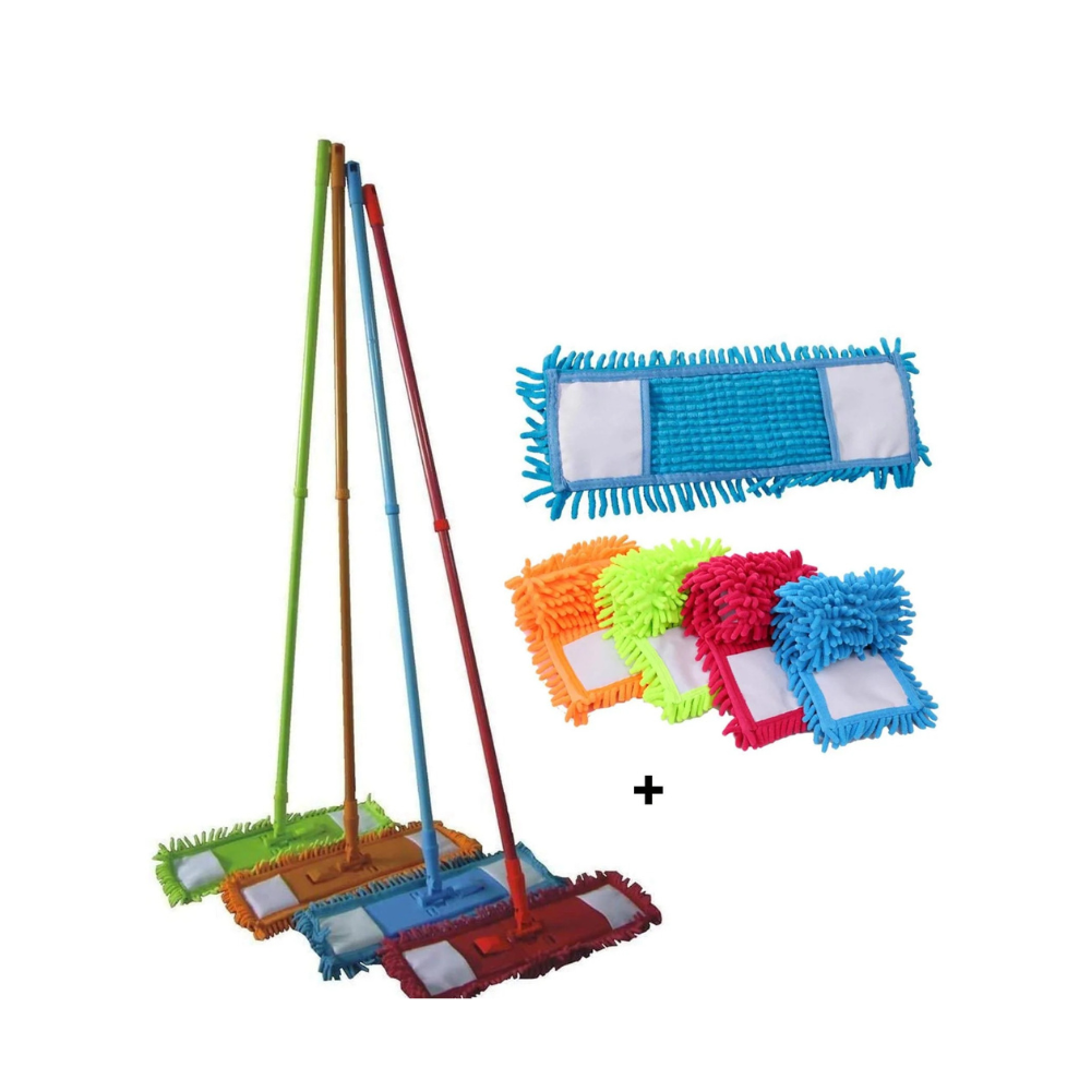 MICROFIBER MOP. DUST-CATCHING, WASHING, AND DRYING MOP WITH REPLACEABLE MICROFIBER CLOTH. EXTENDABLE TELESCOPIC WAND. + REPLACEMENT CLOTH.