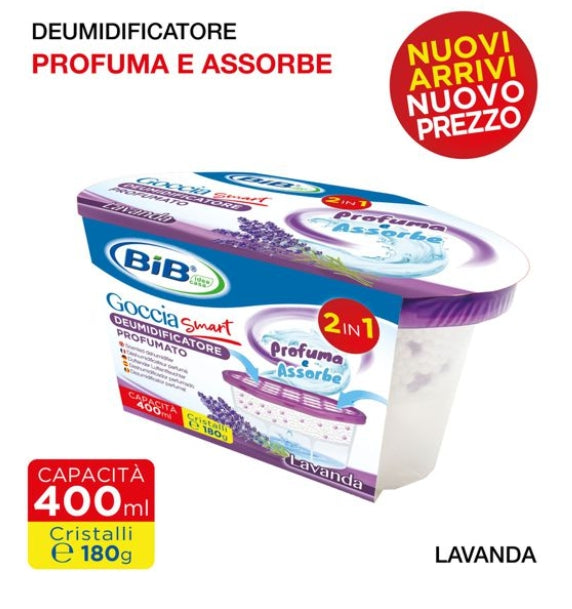 Deumidificatore Profumato BIB Goccia Smart 400ml - Confezione 6 Pezzi - 2in1 Assorbe Umidità + Profuma - Cristalli 180g - Muschio e Lavanda
