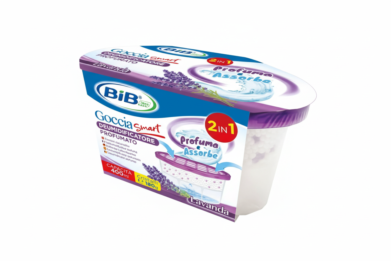 Deumidificatore Profumato BIB Goccia Smart 400ml - Confezione 6 Pezzi - 2in1 Assorbe Umidità + Profuma - Cristalli 180g - Muschio e Lavanda