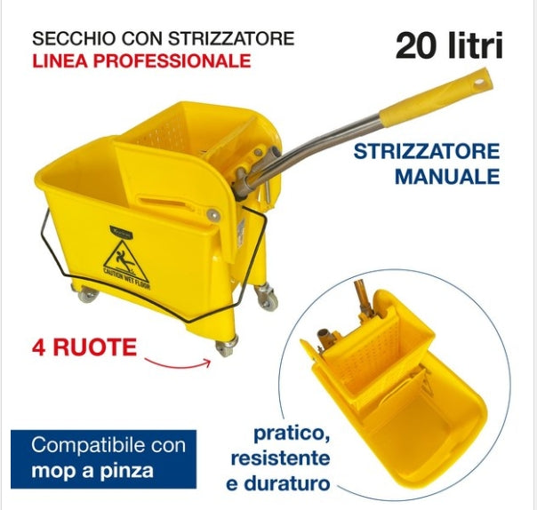 Carrello Mocio Professionale 20L con Strizzatore e Pannello Divisorio – 60×27×70,5 cm, Giallo