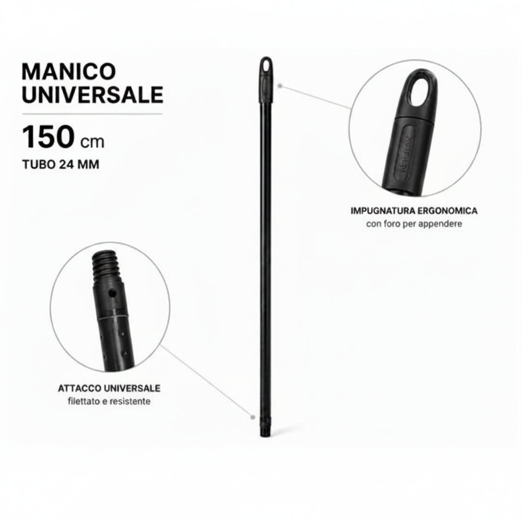 Manico Professionale per Scope in Metallo Resinato 150 cm – Nero