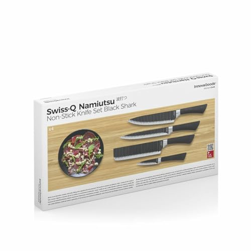 Ensemble de 4 couteaux Black Shark Swiss Q Namiutsu, lames en acier inoxydable, revêtement céramique antiadhésif, manches ergonomiques, noir, plastique