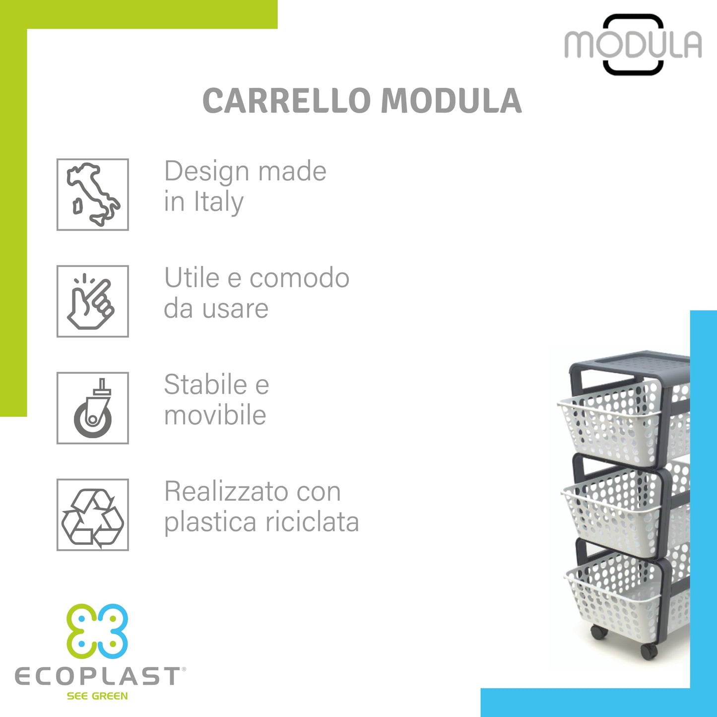 Carrello Salvaspazio Modula con Ruote - 3 Ripiani Estraibili Plastica Riciclata
