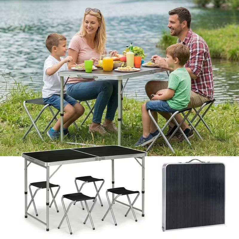 Set Tavolo Pieghevole 5in1 con 4 Sedie | Altezza Regolabile 3 Livelli | Campeggio, Picnic, Giardino | Nero