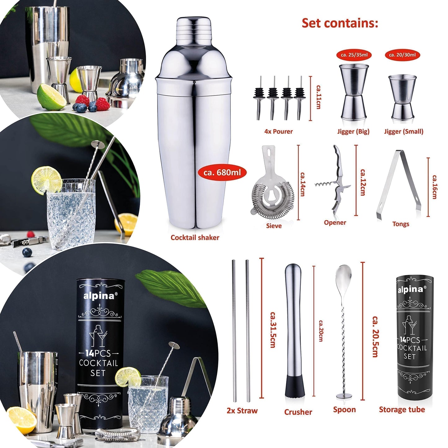 Set da cocktail completo – 14 pezzi – shaker/stamper/jigger/ecc, in acciaio inox