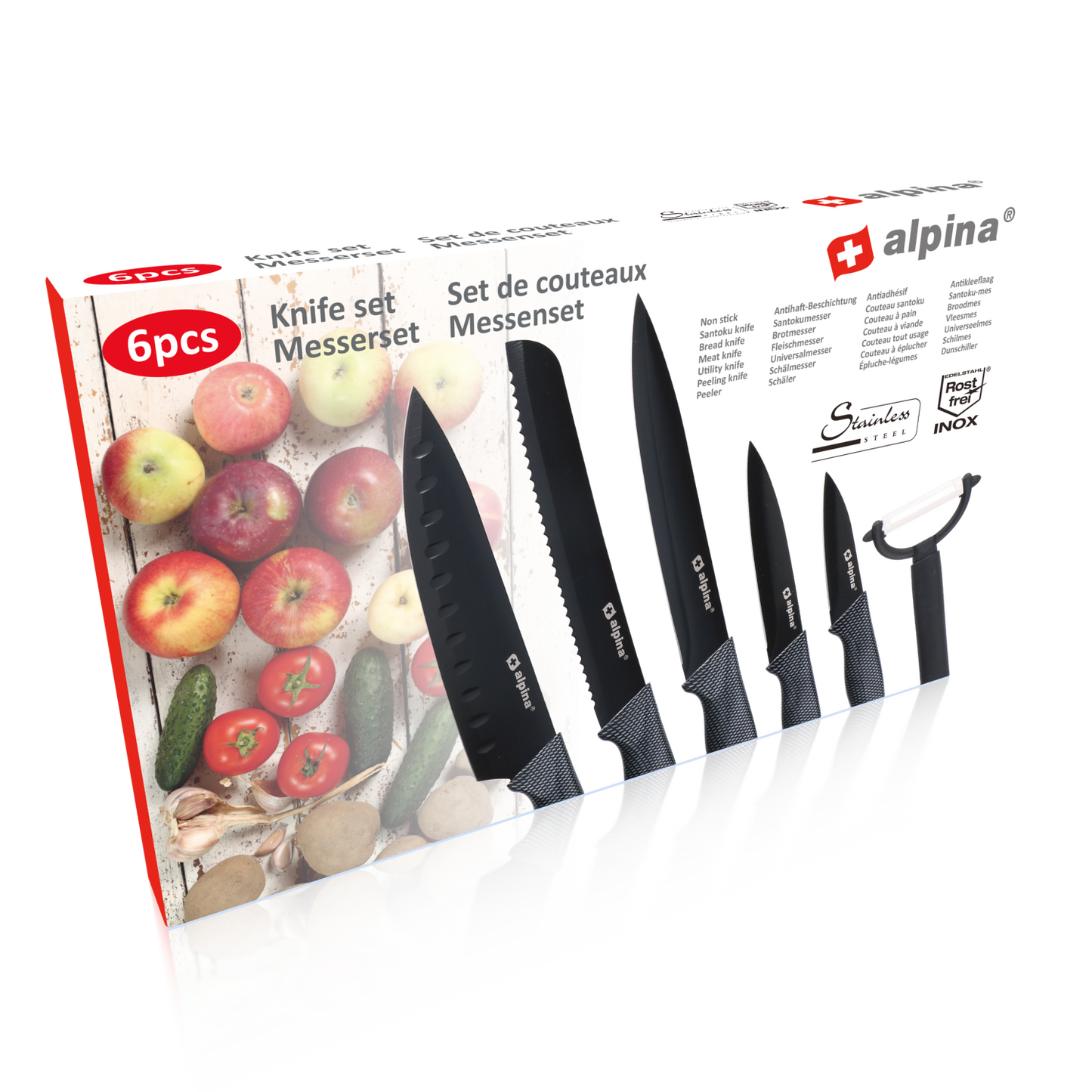 Set 6 Coltelli da Cucina Professionali + Pelapatate - Acciaio Inox Antiaderente - Lame Colorate per Carne, Pesce, Verdure