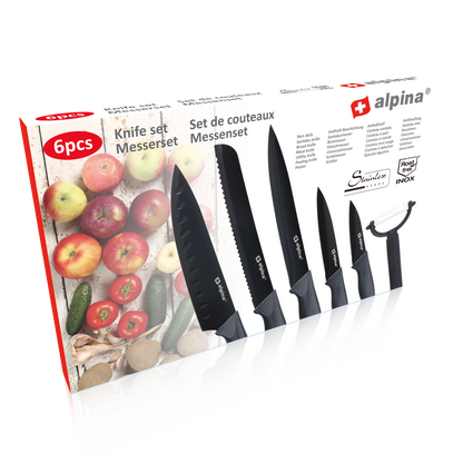 Set 6 Coltelli da Cucina Professionali + Pelapatate - Acciaio Inox Antiaderente - Lame Colorate per Carne, Pesce, Verdure