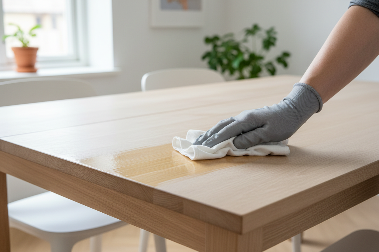 Applicazione olio su tavolo in frassino