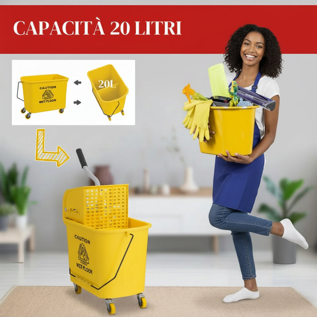 Carrello Mocio Professionale 20L con Strizzatore e Pannello Divisorio – 60×27×70,5 cm, Giallo
