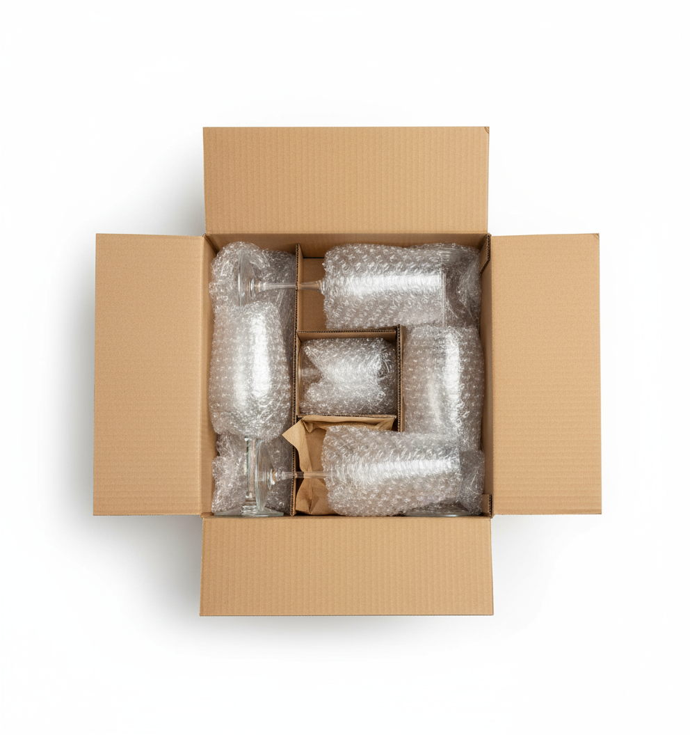 Articoli in vetro protetti con pluriball