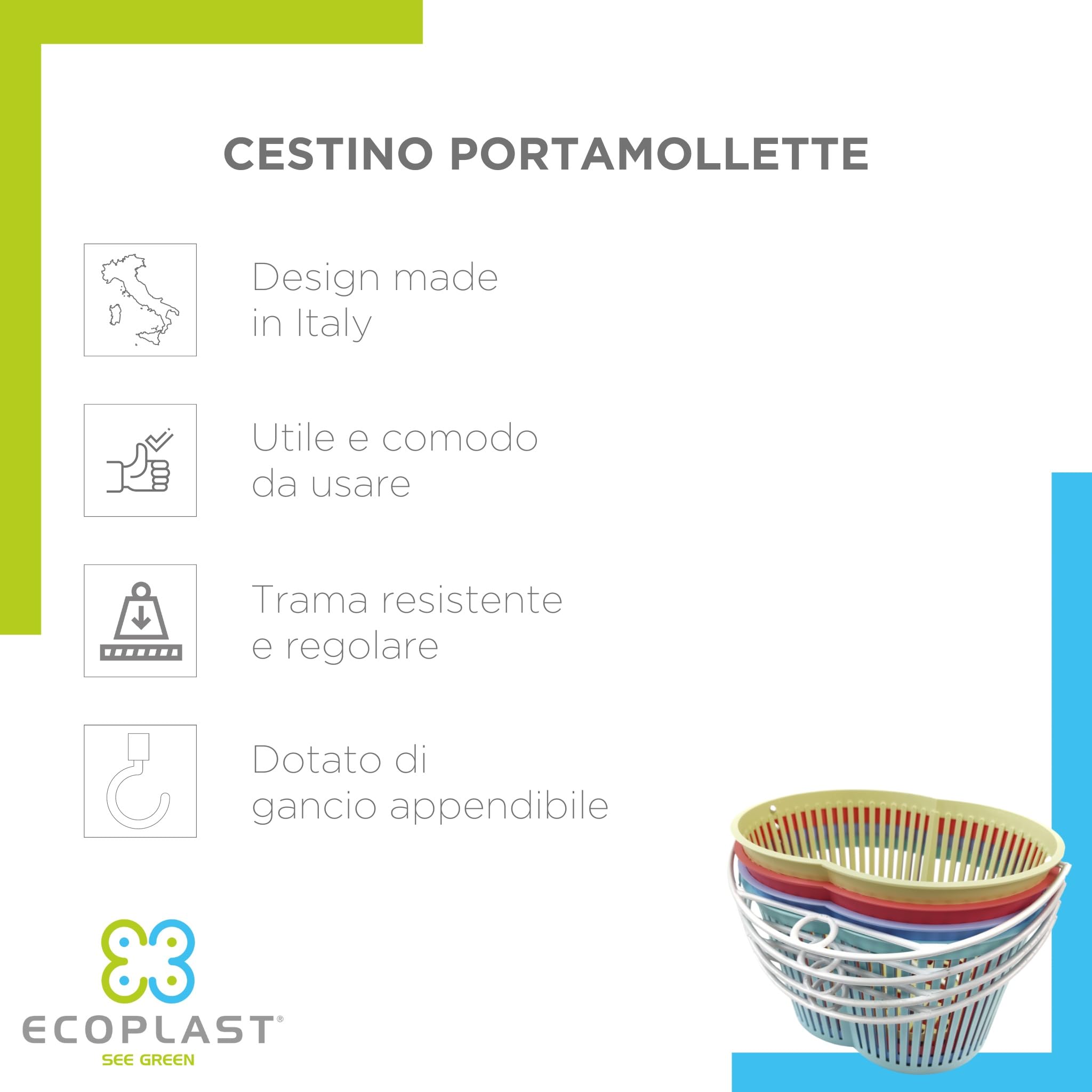 Ecoplast | Clothes Peg Holder, Clothesline Peg Basket in Assorted Colors: Lavender/Pink/Blue/Green, Made in Italy, 1 Unit