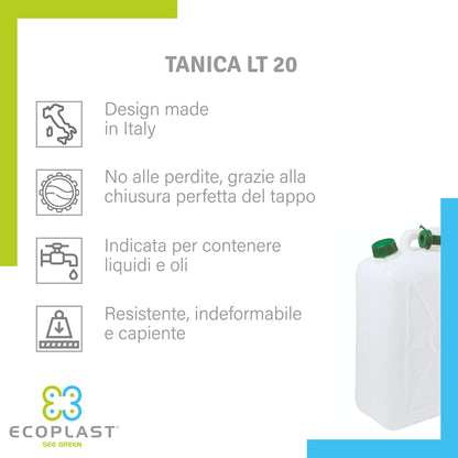 Tanica Ecoplast per Liquidi e Oli - Contenitore Plastica Resistente 5-10-15-20 Litri con Tappo Ermetico
