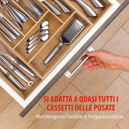 Portaposate da Cassetto - Organizer Casetti Cucina Estensibile 46 x 34-56,5 x 6 cm - Organizzatore Cassetti con 6 a 8 Scomparti - Per Utensili da Cucina, Occhiali da Sole e Altro - Bambù