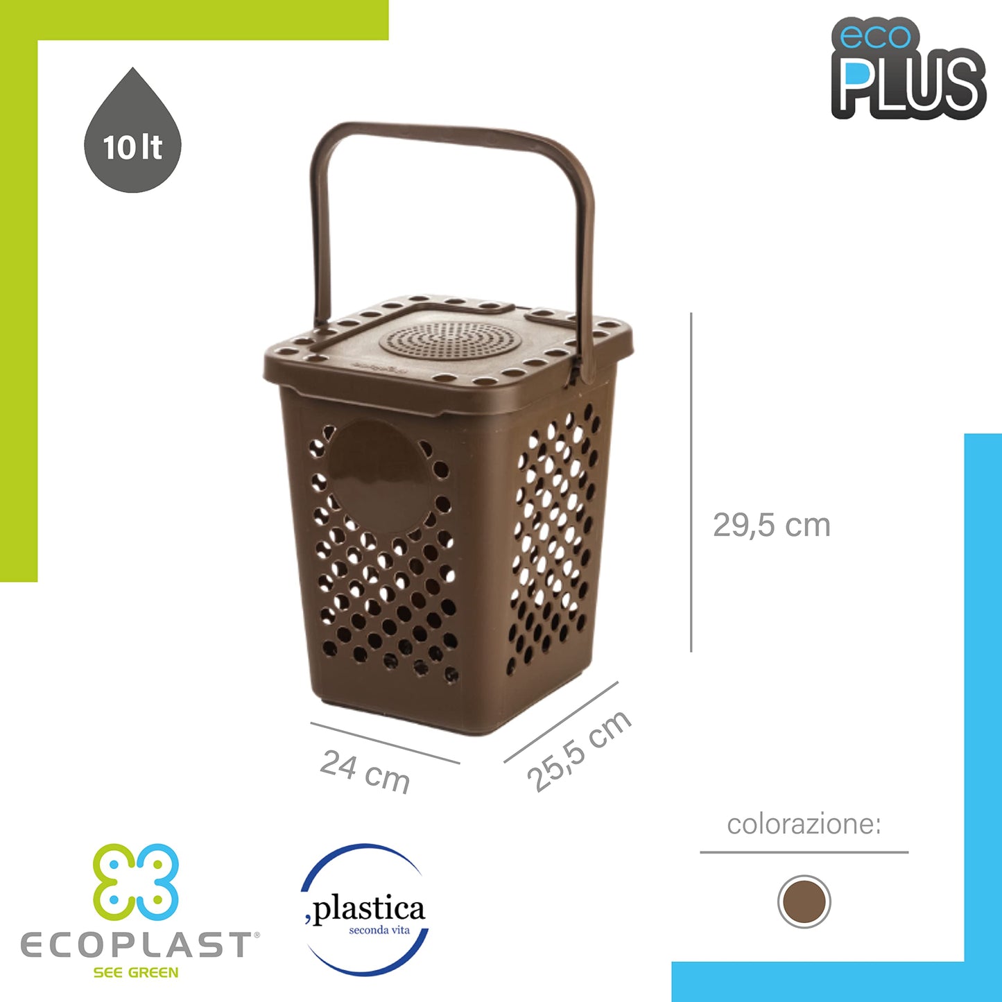 Ecoplast, Pattumiera Forata per Raccolta Differenziata, Apertura a Libro, Flessibile e Indeformabile, Resiste a tutte le Temperature, Interno ed Esterno, Oltre 80% Plastica Riciclata, marrone