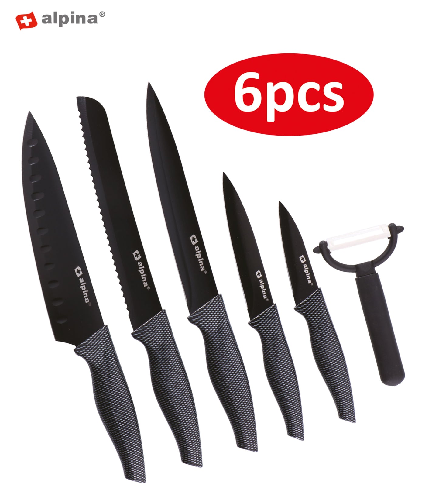 Set 6 Coltelli da Cucina Professionali + Pelapatate - Acciaio Inox Antiaderente - Lame Colorate per Carne, Pesce, Verdure