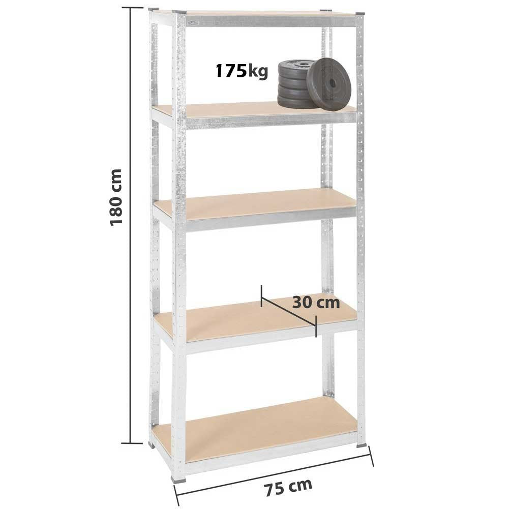 Scaffale Metallico 5 Ripiani 75x30x170cm Portata 750kg - Alpina Heavy Duty