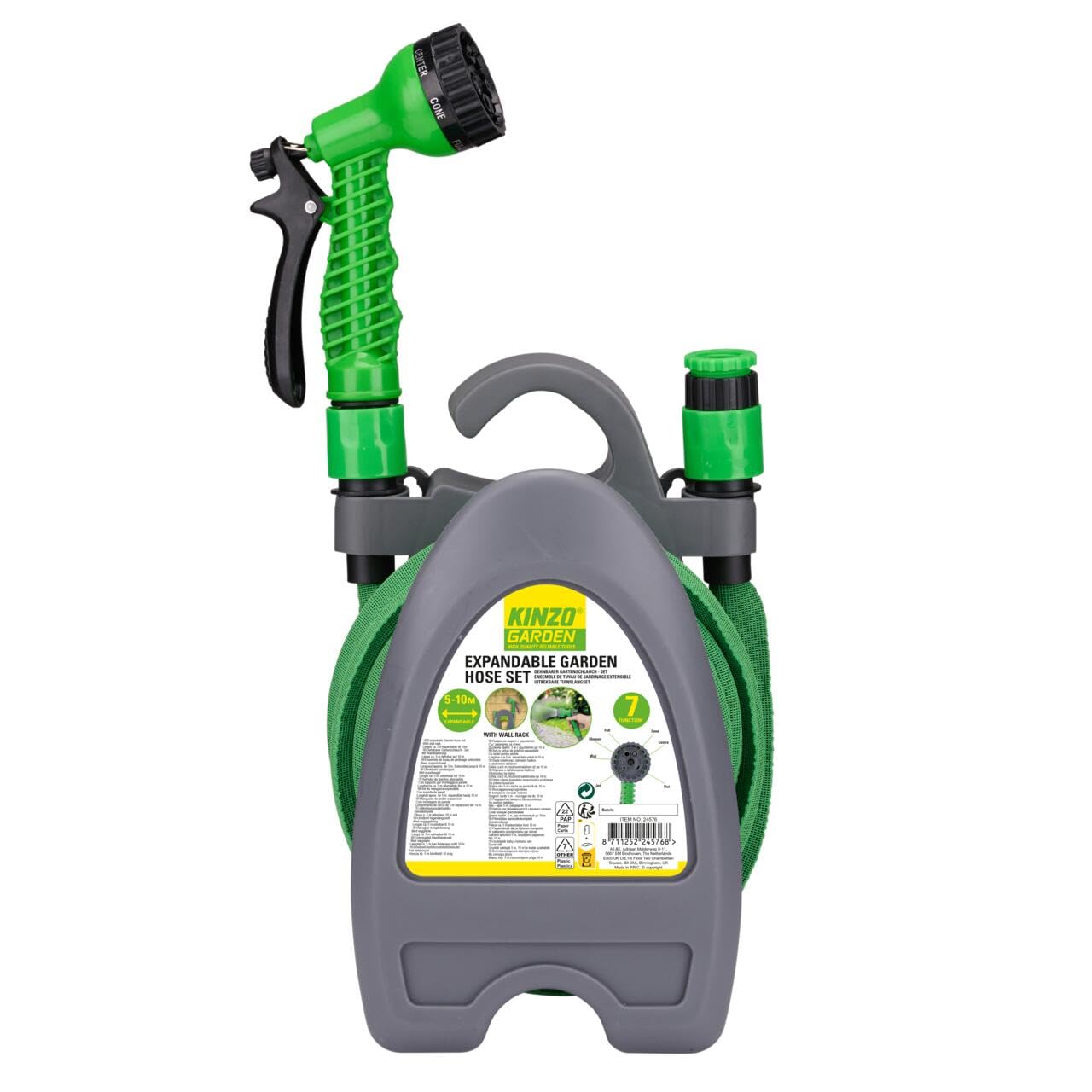 Kinzo 10m Garden Hose with Accessories and Garden Hose Holder, 7-Pattern Spray Nozzle, Plastic, Green/Grey