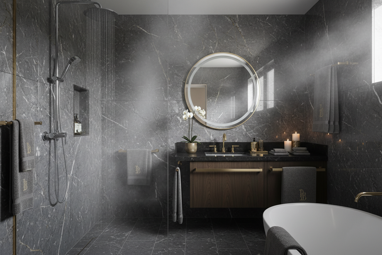 Bagno elegante con doccia in uso