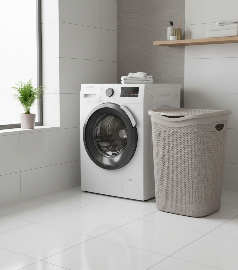 Bagno moderno con portabiancheria