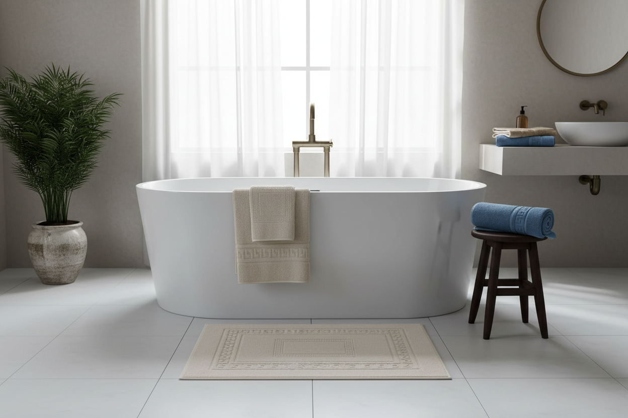 Bagno moderno con vasca freestanding e tappeto geometrico