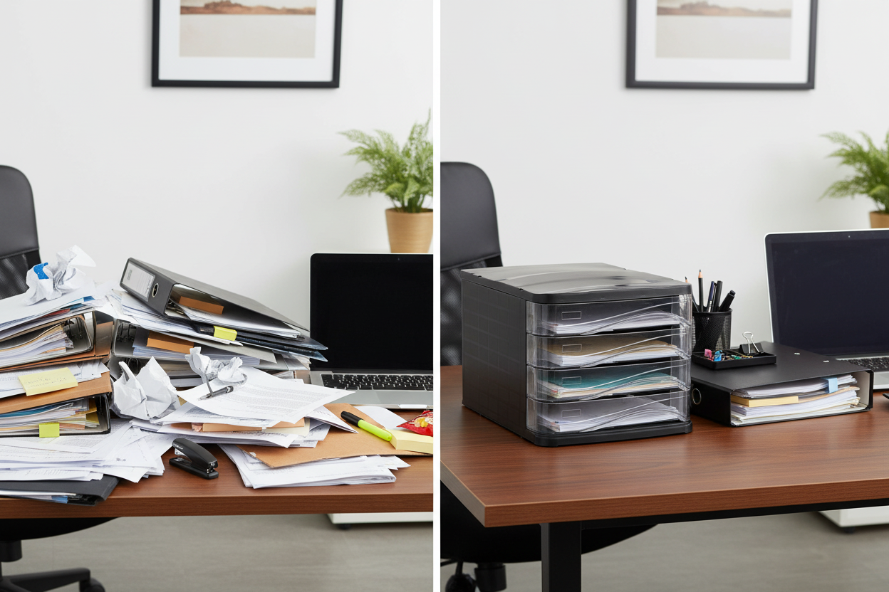 Before after scrivania disordinata vs organizzata