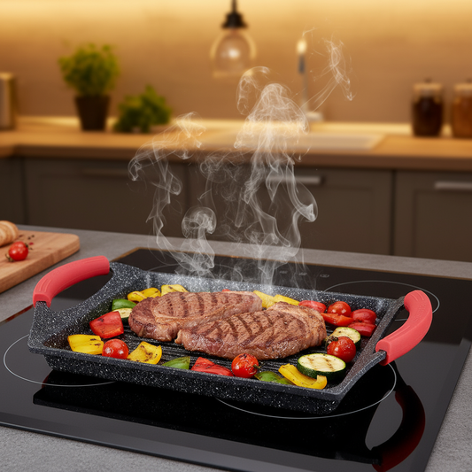 Bistecchiera in azione con bistecche