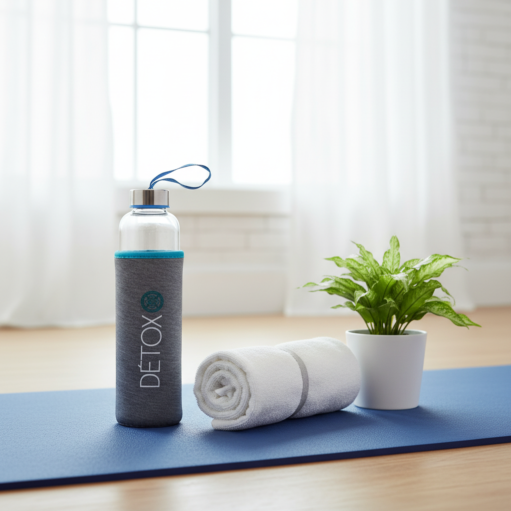 Bottiglia vetro su tappetino yoga