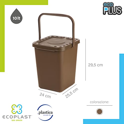 Poubelle Ecoplast, ouverture type livre, flexible et indéformable, résistante à toutes les températures, pour l'intérieur et l'extérieur, composée à plus de 80 % de plastique recyclé, fabriquée en Italie, marron