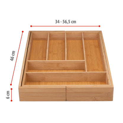 Portaposate da Cassetto - Organizer Casetti Cucina Estensibile 46 x 34-56,5 x 6 cm - Organizzatore Cassetti con 6 a 8 Scomparti - Per Utensili da Cucina, Occhiali da Sole e Altro - Bambù