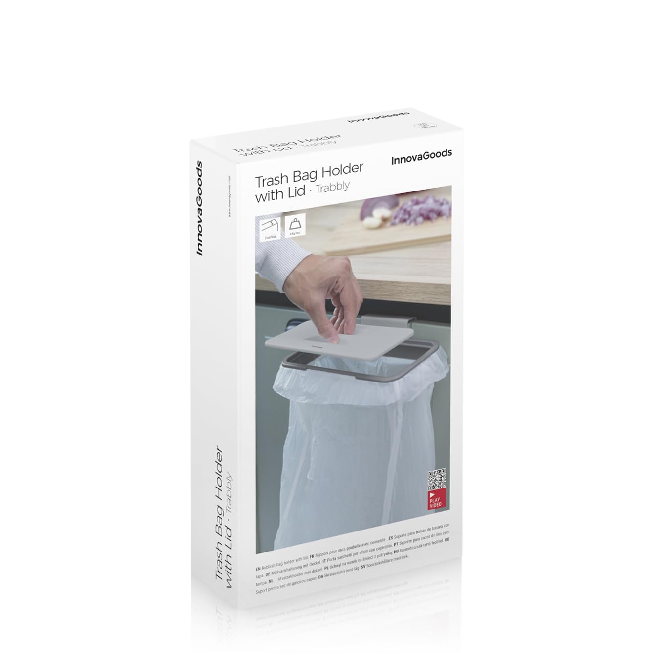 InnovaGoods - Portable Garbage Bag Holder with Lid, Odor Eliminator, Space-Saving Design, Easy to Clean, Grey, ABS