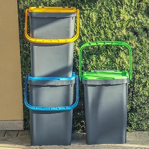 Set 3 Pattumiere per Raccolta Differenziata Ecoplus, Pattumiera in Poliuretano Ideale per Interni ed Esterni, Bidone Spazzatura Salvaspazio Robusto con Manico Ergonomico (3 X 50)