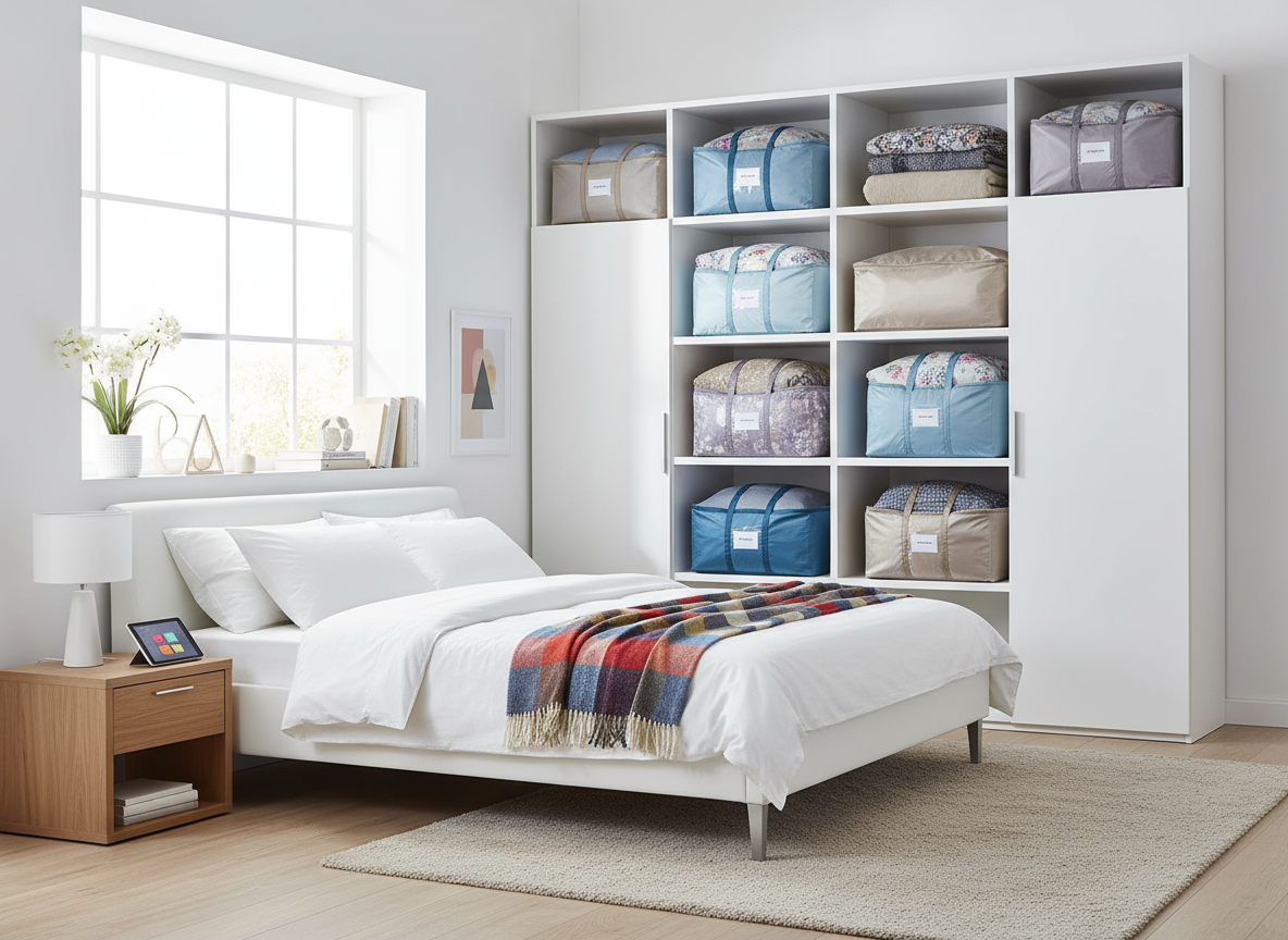 Camera luminosa con biancheria organizzata