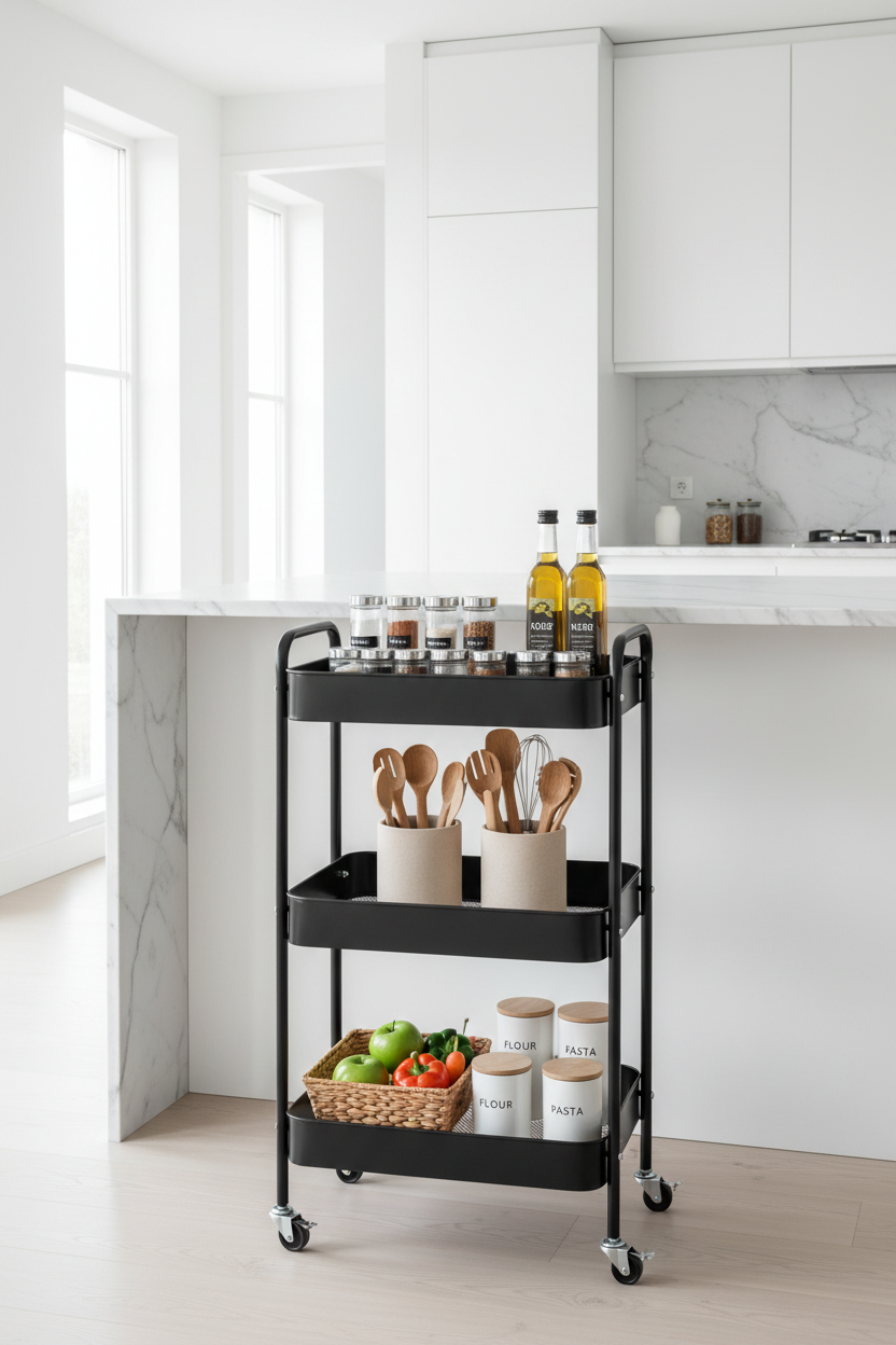 Carrello Multiuso 3 Ripiani Lolly 78x30x45cm Nero - Organizzazione Cucina Bagno