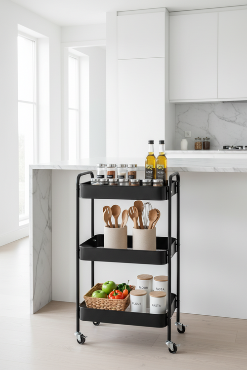 Carrello Multiuso 3 Ripiani Lolly 78x30x45cm Nero Ruote