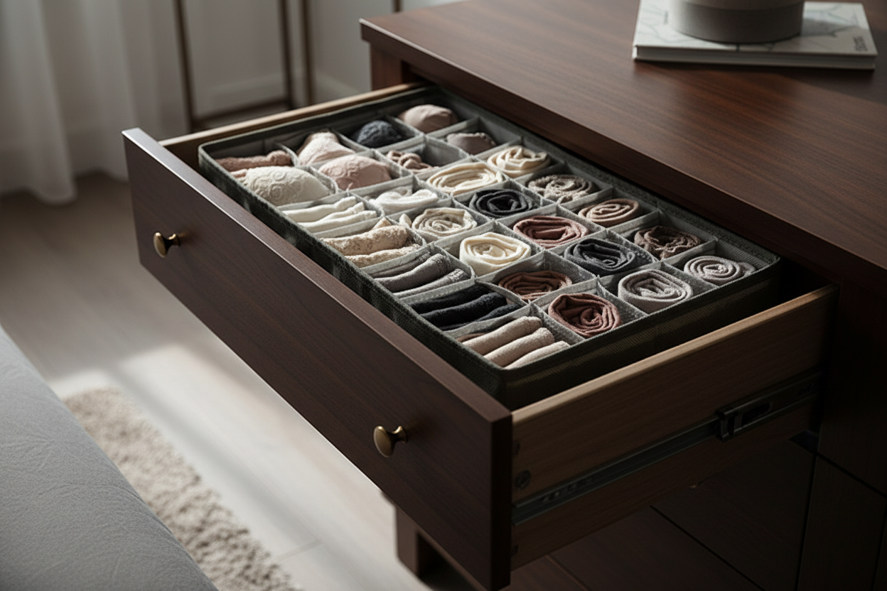 Cassetto camera con organizer e biancheria ordinata