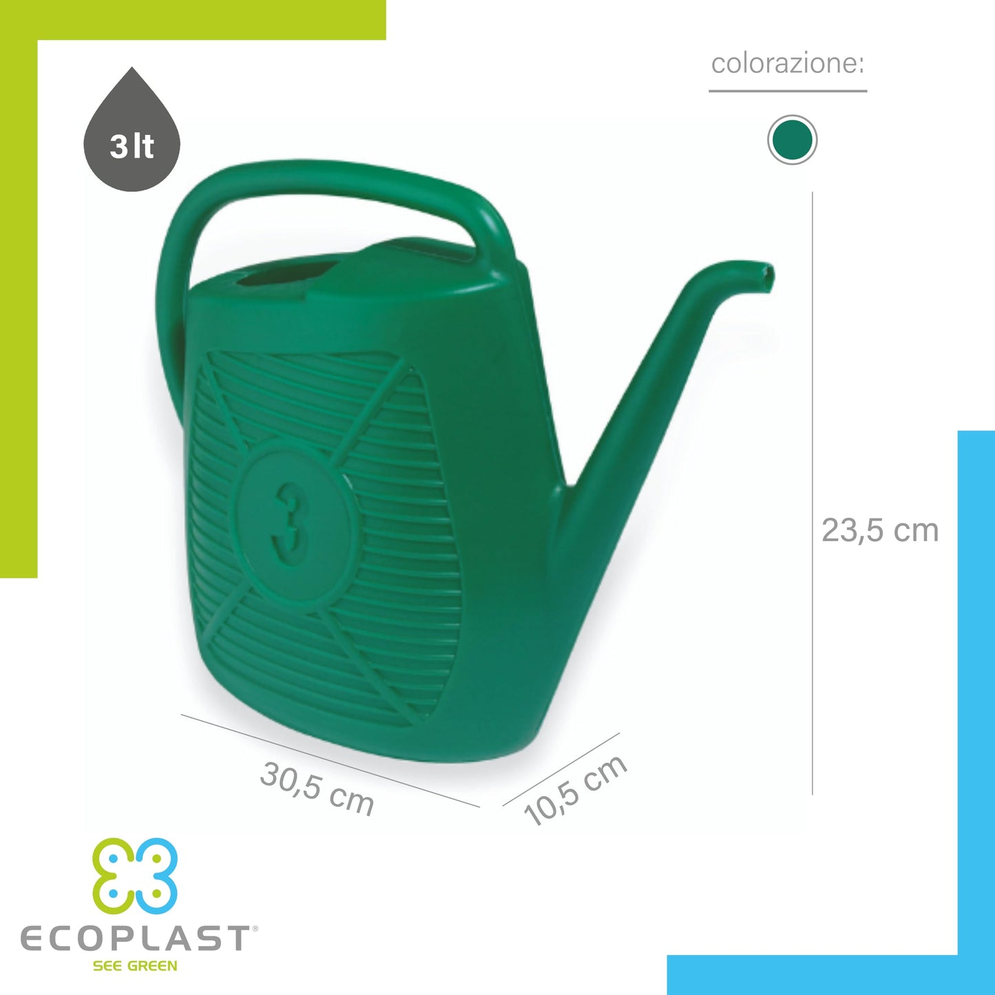 Ecoplast Watering Can, Ideal for Gardening, Plants and Flowers, Easy to Use, Resistant, Long-lasting and Non-deformable, with Shower Head Included, Made in Italy