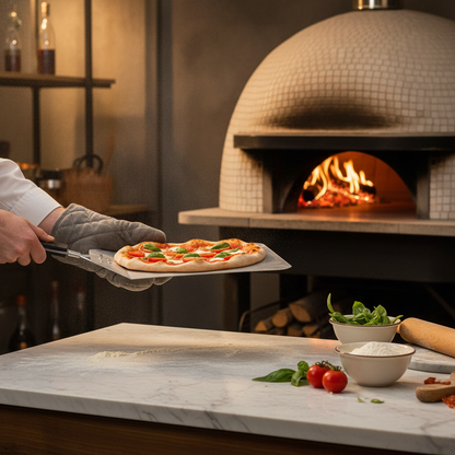 Chef usando pala pizza in forno a legna