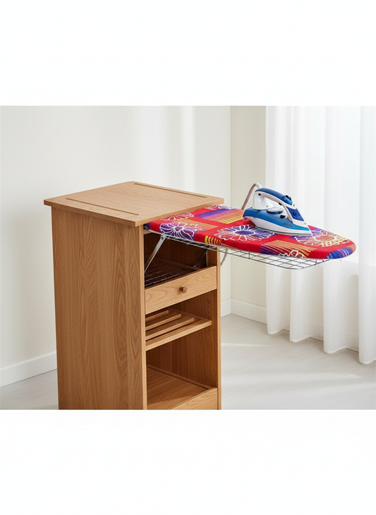 Close-up mobiletto stiro con copriasse e ferro