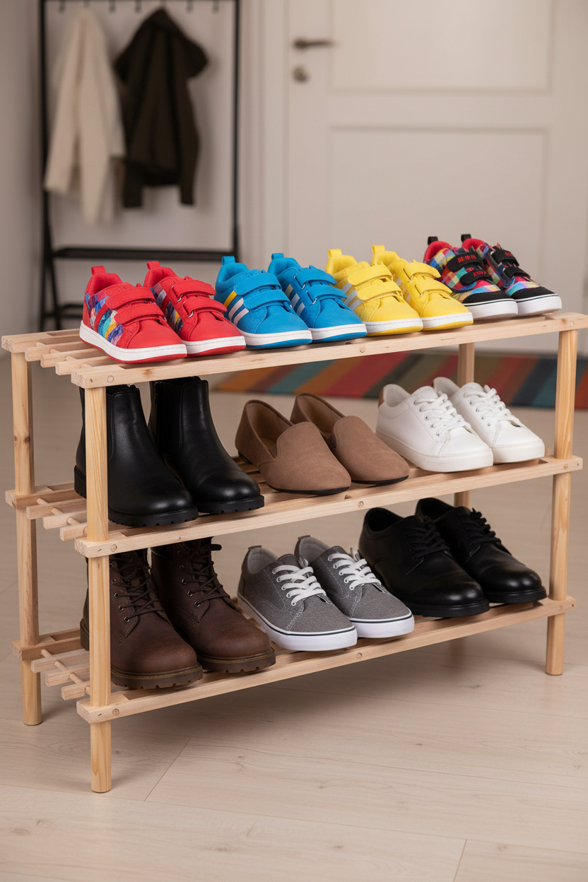 Close-up scarpe famiglia sui 3 ripiani