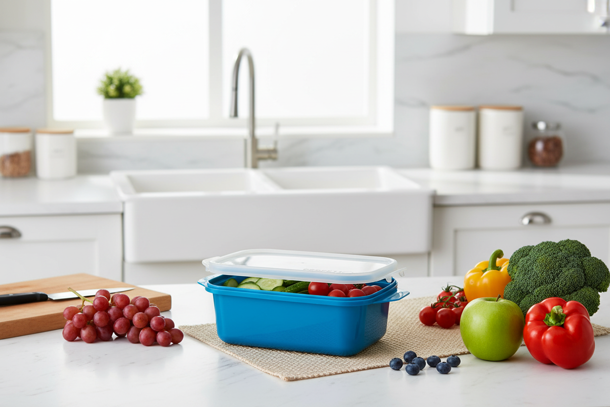 Contenitore blu su piano cucina