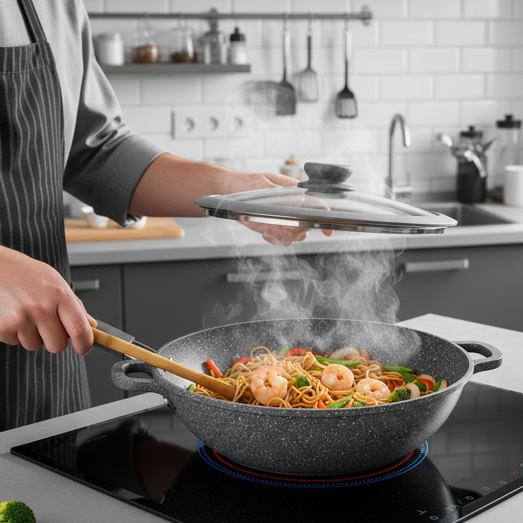 Cottura noodles con gamberi su induzione