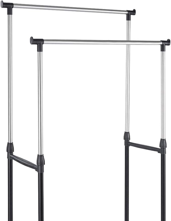 Stand Appendiabiti Allungabile da Terra in Acciaio Telescopico Allungabile con Ruote Attaccapanni 80 X 43 X 90/160 cm (Doppio)