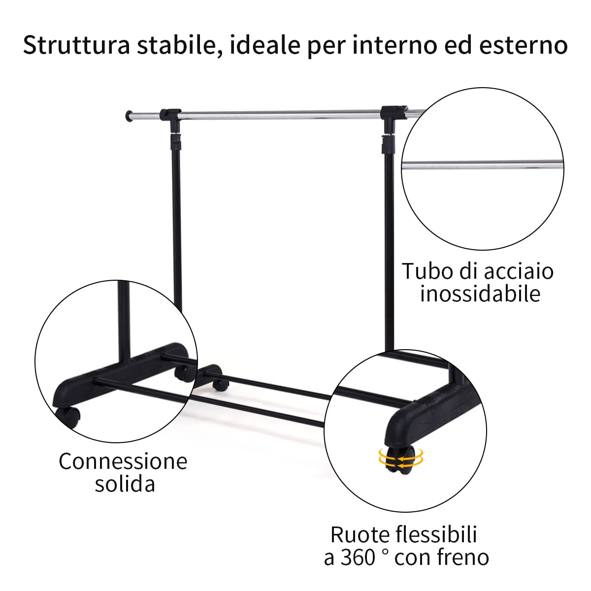 Appendiabiti su Ruote Estensibile con Portascarpe – Acciaio e Plastica – Nero